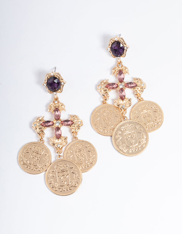Gold Cross Coin Drop Earrings