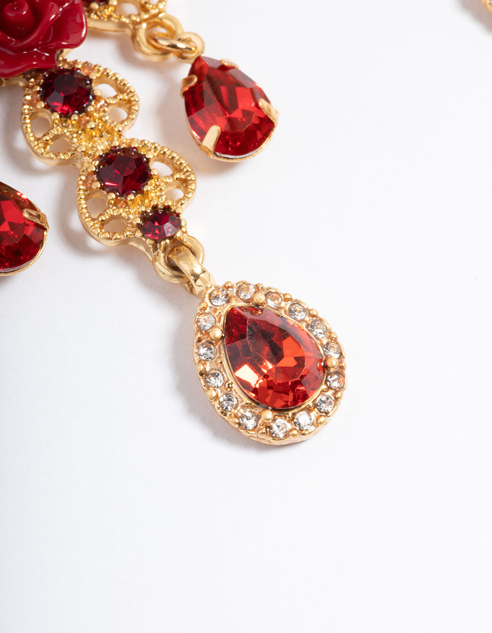 Gold Rose Cross Drop Earrings