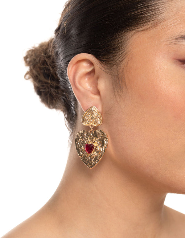 Gold Stamped Gem Heart Earrings