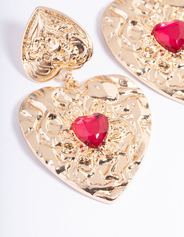 Gold Stamped Gem Heart Earrings