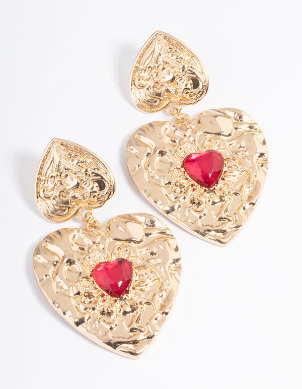 Gold Stamped Gem Heart Earrings