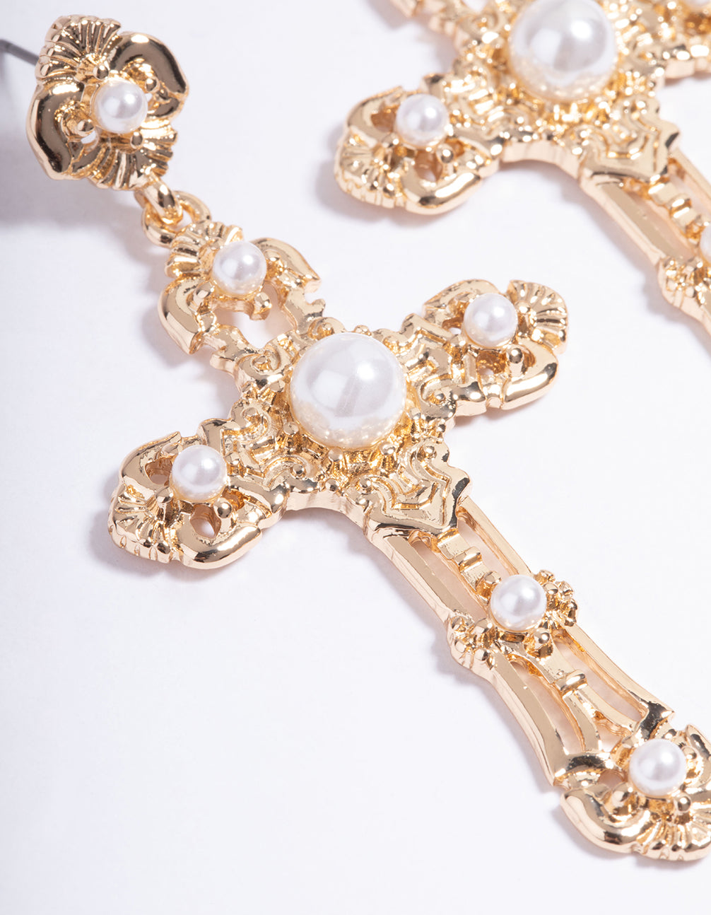 Gold Mini Pearl Cross Earrings