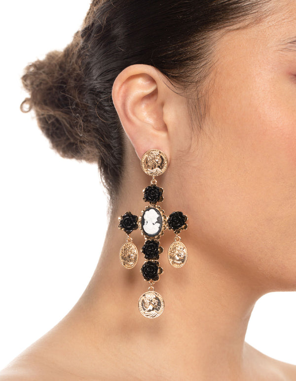Gold Rose Coin Cross Earrings