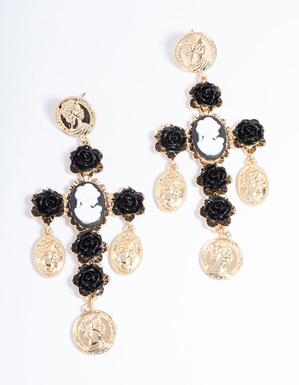 Gold Rose Coin Cross Earrings
