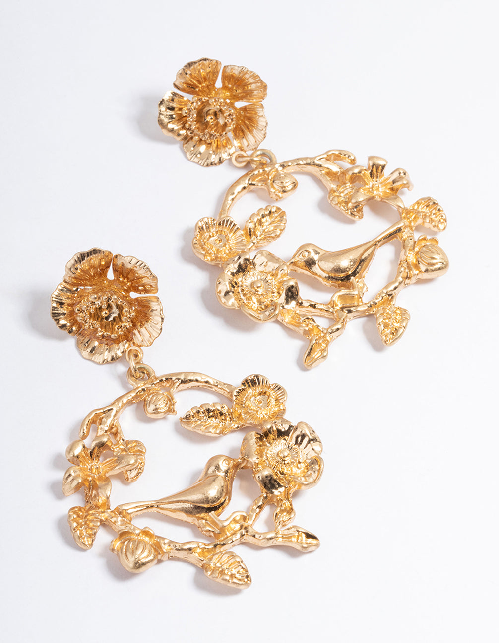 Gold Bird Flower Circle Earrings