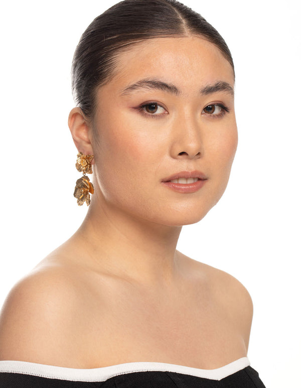 Gold Duo Flower Drop Earrings
