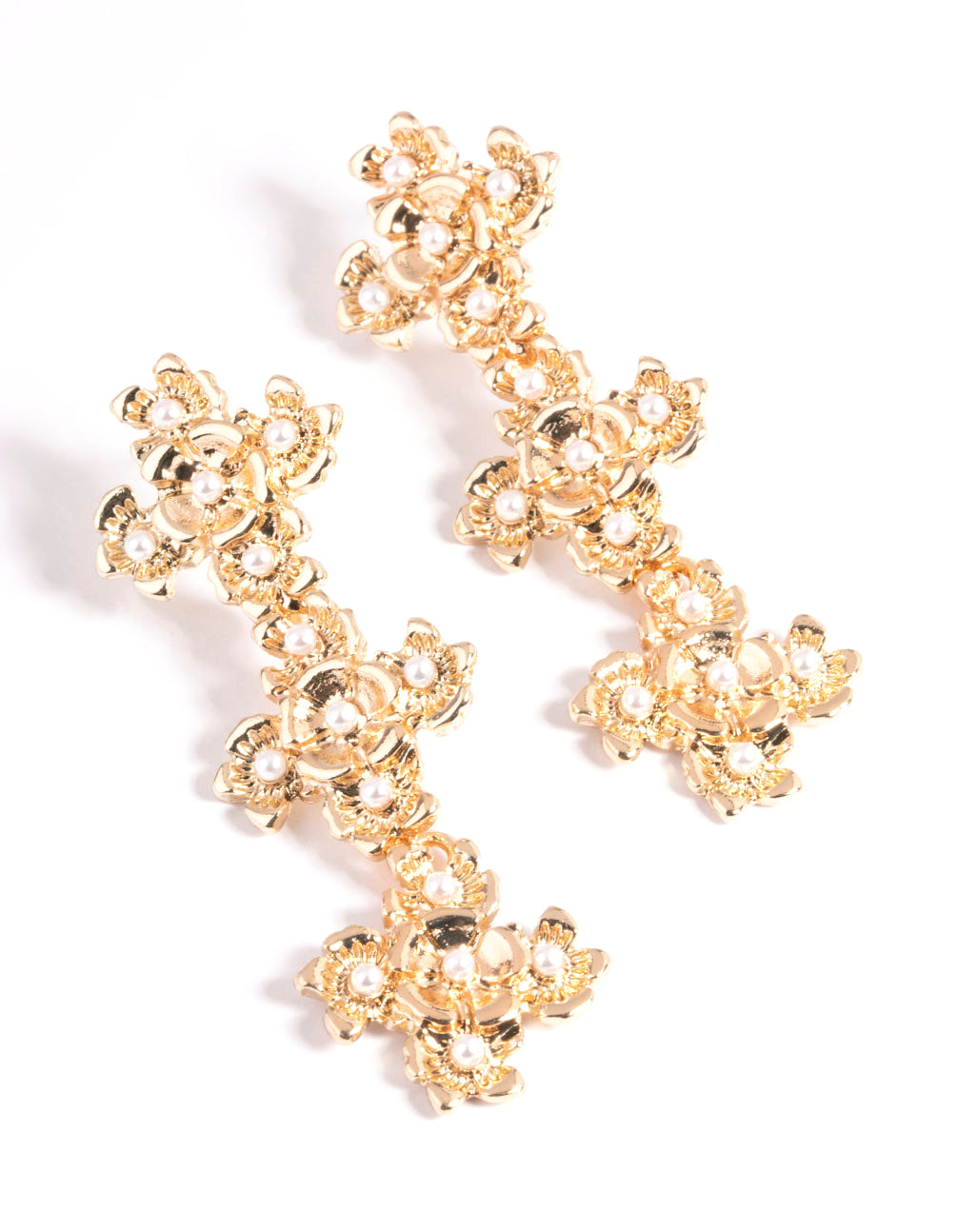 Gold Trio Cross Pearl Drop Earrings