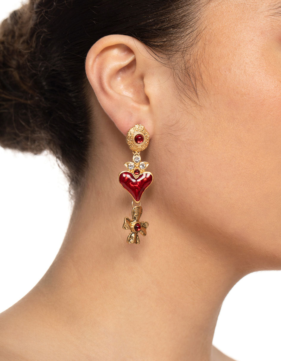 Gold Heart & Cross Drop Earrings