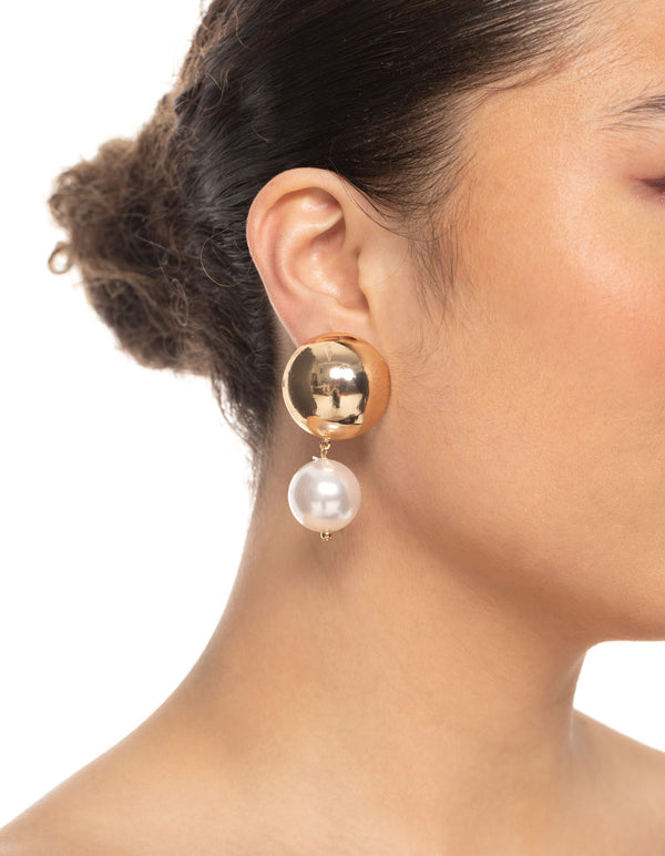 Gold Statement Ball Pearl Drop Earrings