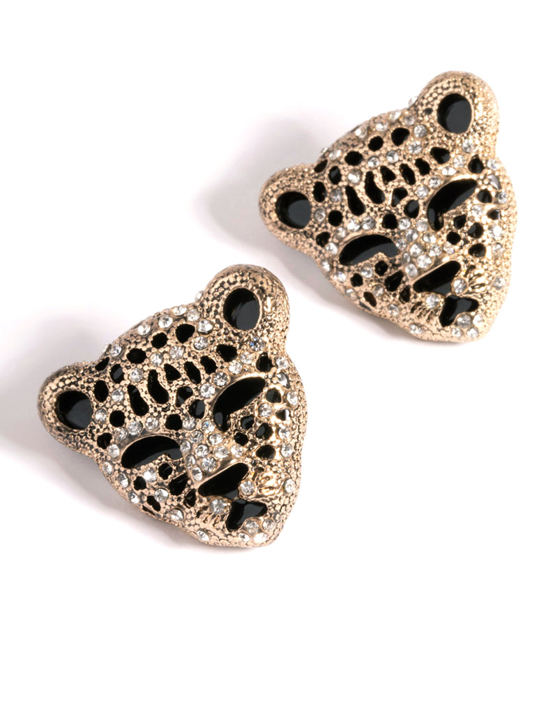 Gold Leopard Diamante Stud Earrings - Lovisa