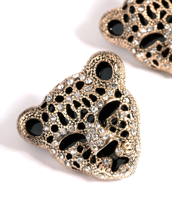 Gold Leopard Diamante Stud Earrings