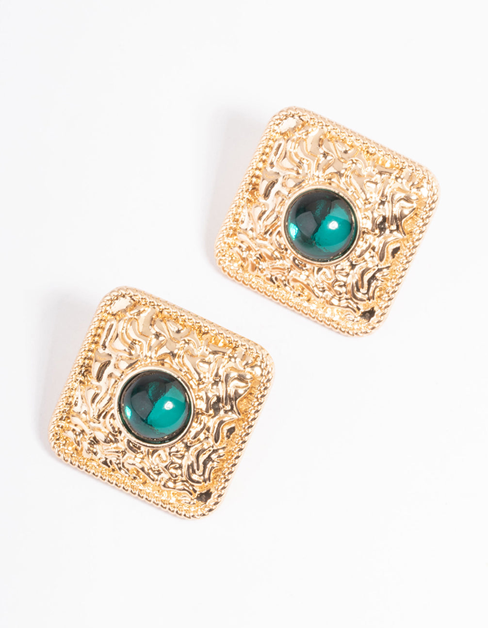 Gold Square Gem Stud Earrings