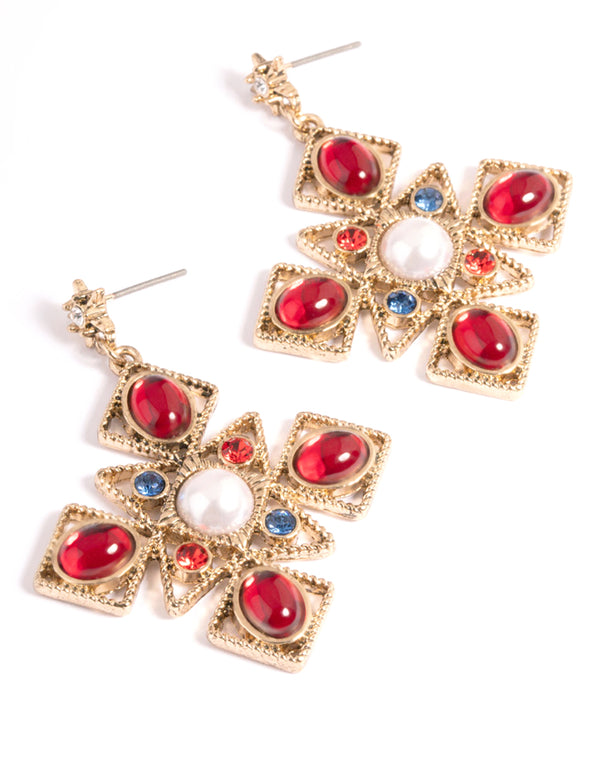 Gold Gem Cross Stud Earrings