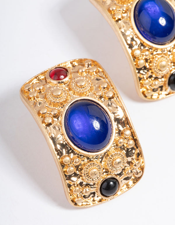 Gold Gem Stone Stud Earrings