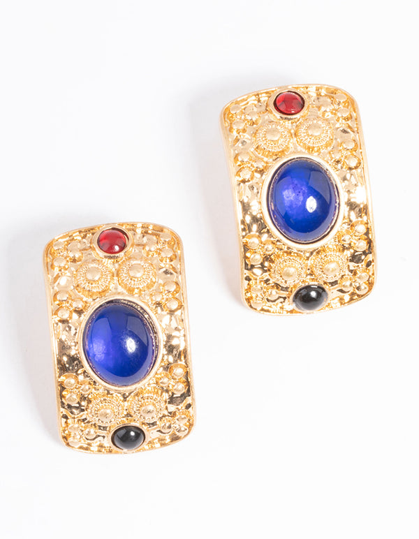 Gold Gem Stone Stud Earrings