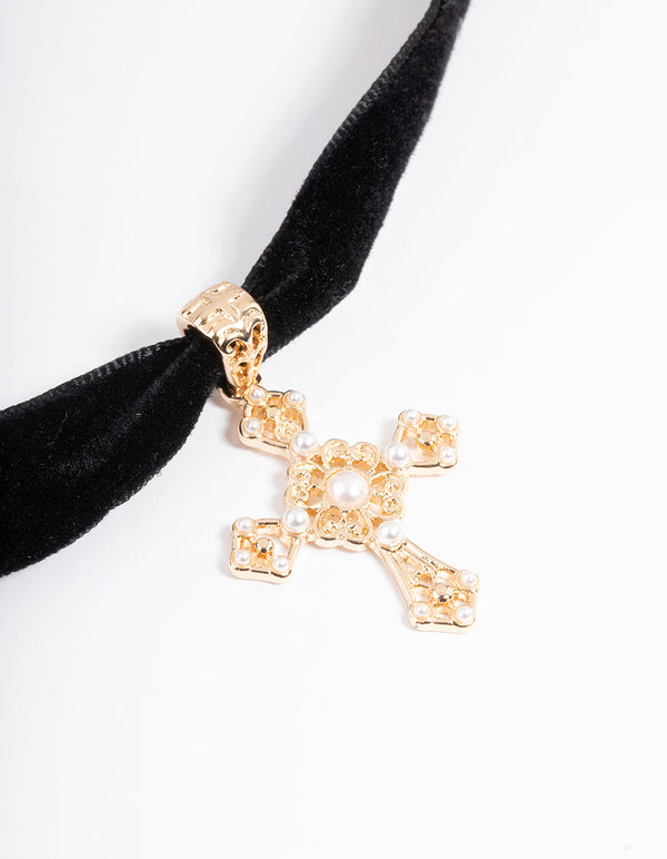 Gold Pearl Cross Choker