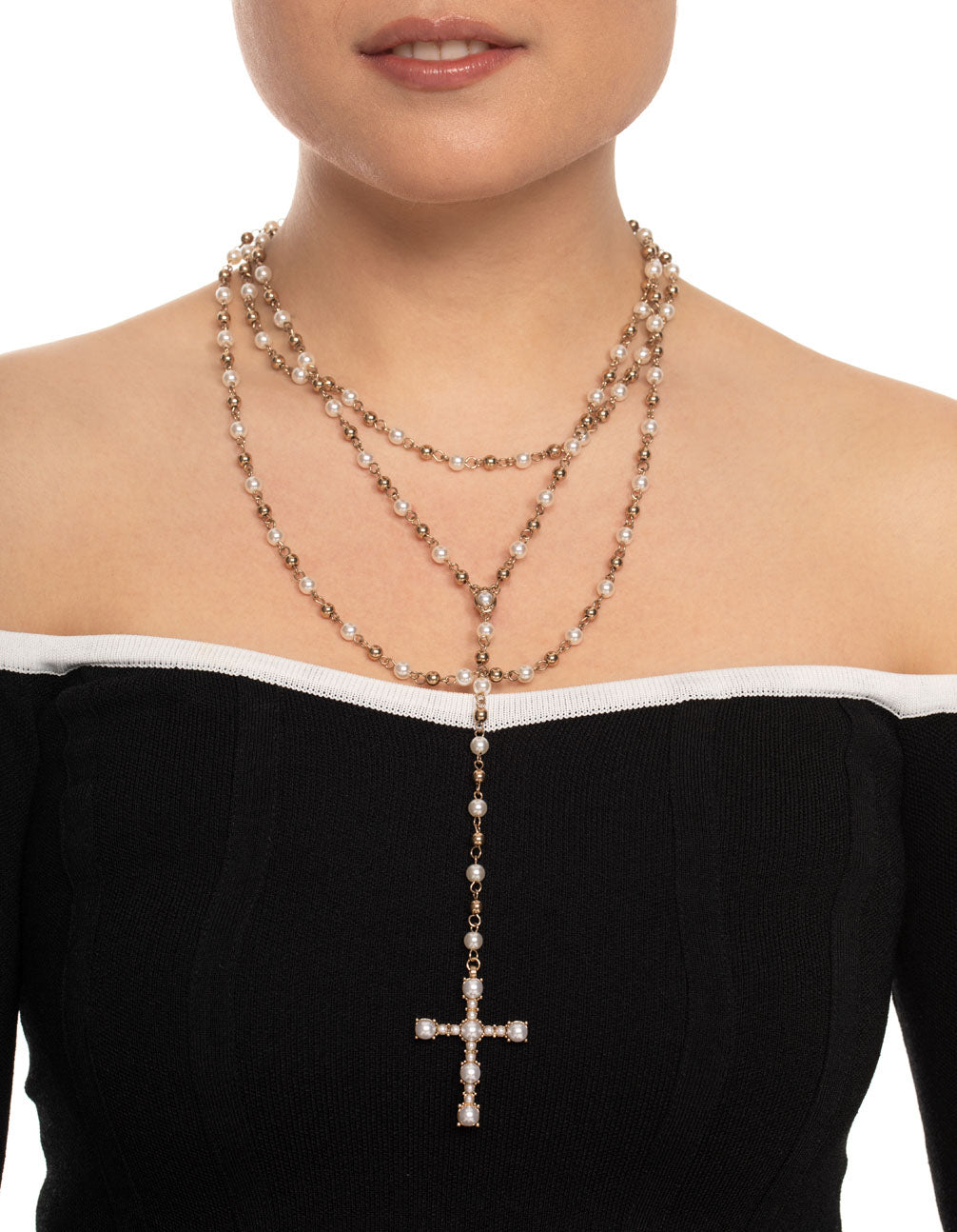 Pearl Long Beaded Cross Necklace