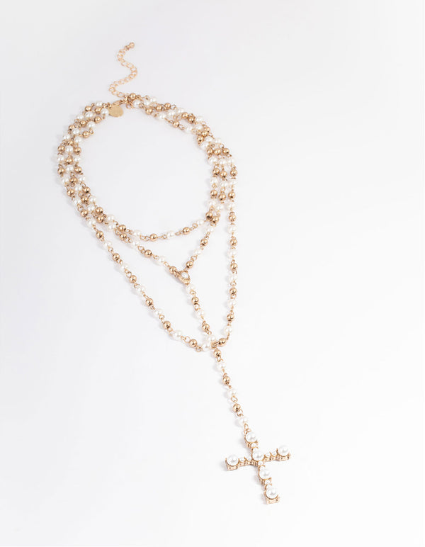 Pearl Long Beaded Cross Necklace