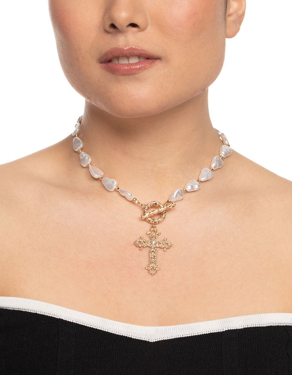Gold Pearl Cross Necklace