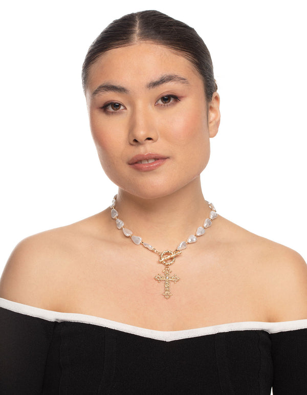 Gold Pearl Cross Necklace