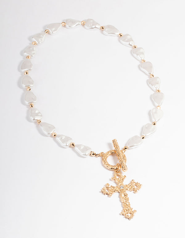 Gold Pearl Cross Necklace