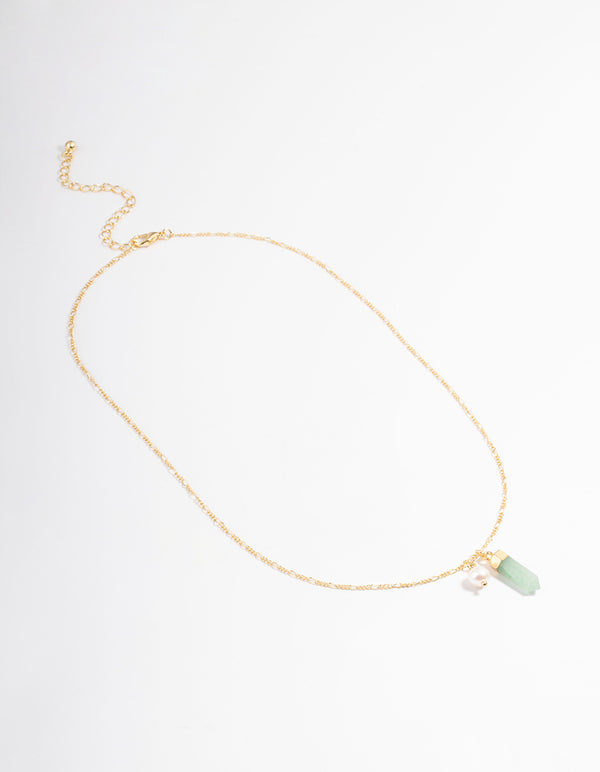 Gold Plated Green Aventurine Freshwater Pearl Figaro Necklace