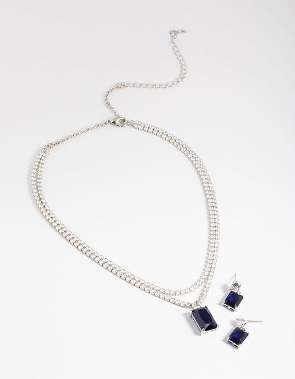 Silver Diamond Simulant Sphere Drop Earrings & Necklace Set