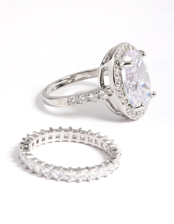 Diamond Simulant Silver Large Oval Halo Ring Pack