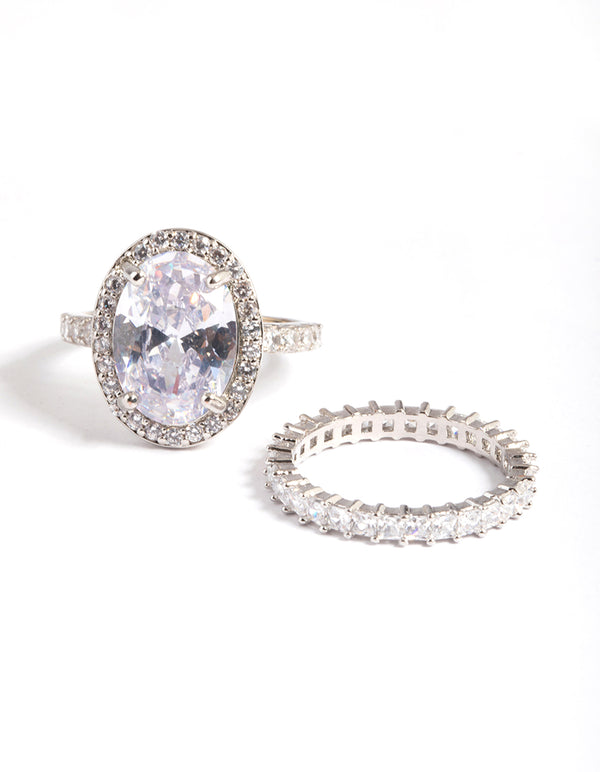 Diamond Simulant Silver Large Oval Halo Ring Pack