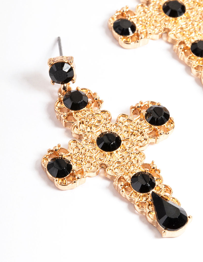 Black Textured Stone Cross Earrings