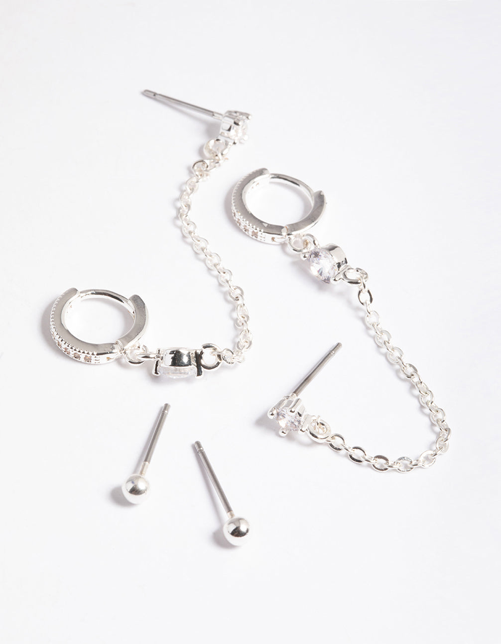 Silver Plated Brass Cubic Zirconia Pave Huggie Chain Earrings 6-Pack