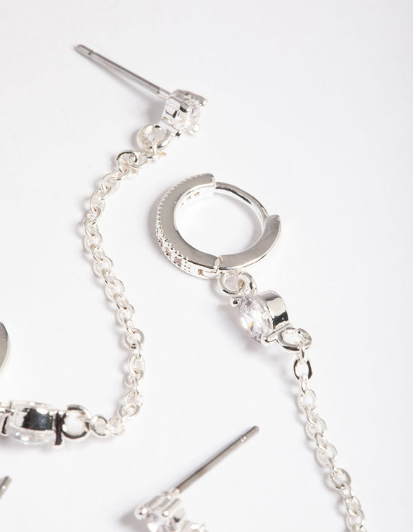 Silver Plated Brass Cubic Zirconia Pave Huggie Chain Earrings 6-Pack