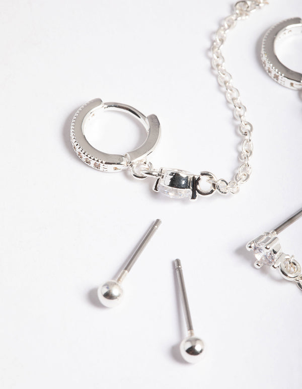 Silver Plated Brass Cubic Zirconia Pave Huggie Chain Earrings 6-Pack