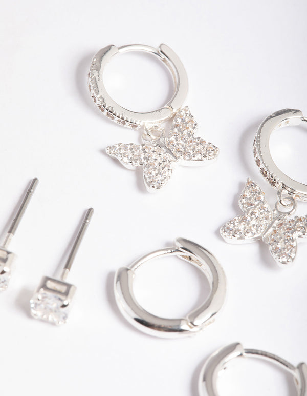 Silver Plated Brass Cubic Zirconia Pave Butterfly Earring 6-Pack