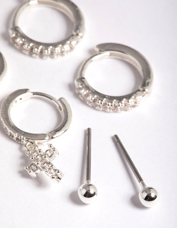 Silver Plated Brass Cubic Zirconia Pave Cross Earrings 6-Pack