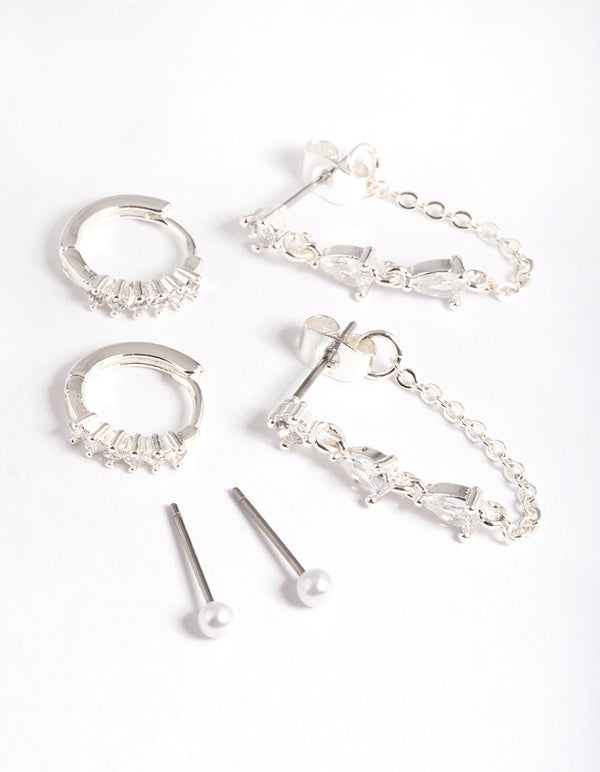 Silver Plated Brass Cubic Zirconia Pear Chain Earring 6-Pack