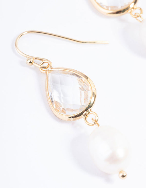 Gold Plated Clear & Freshwater Pearl Drop Earrings