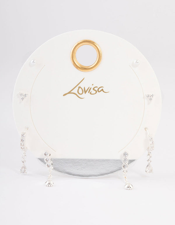 Silver Plated Cubic Zirconia Dainty Pearl Earrings 4-Pack