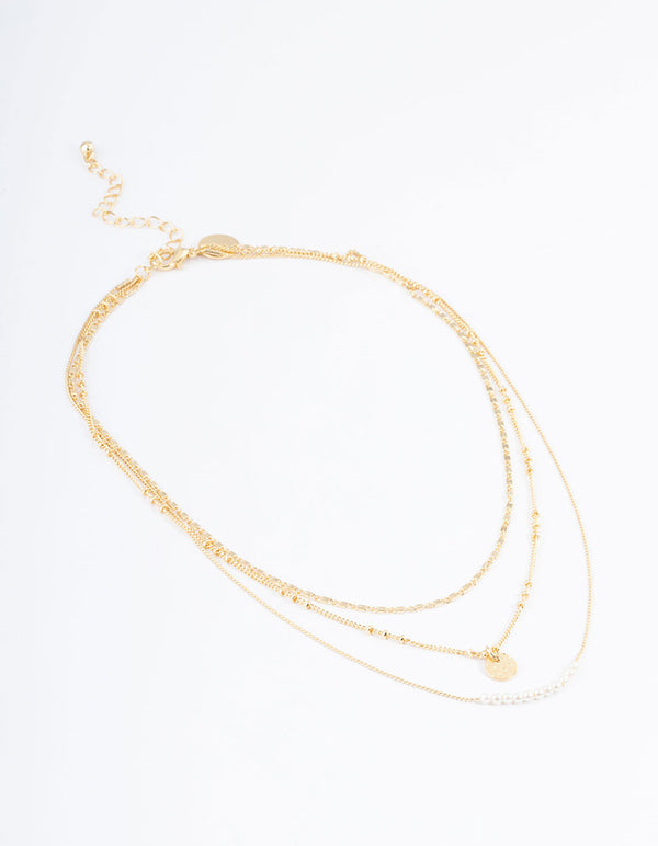 Gold Plated Fine Three Layer Bead Disc Necklace