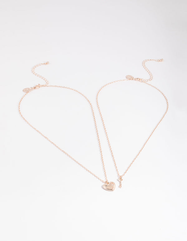 Rose Gold Heart & Key Necklace Pack