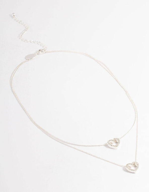 Silver Double Diamante Open Heart Necklace