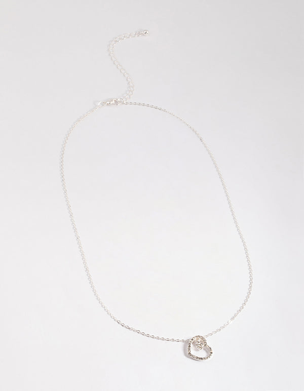 Silver Asymmetrical Diamante Heart Necklace