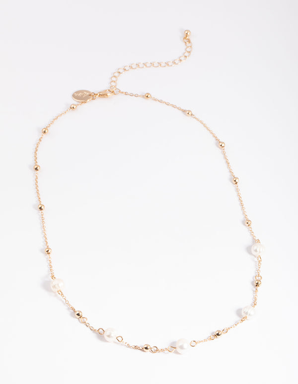 Gold Freshwater Pearl Ball Station Necklace