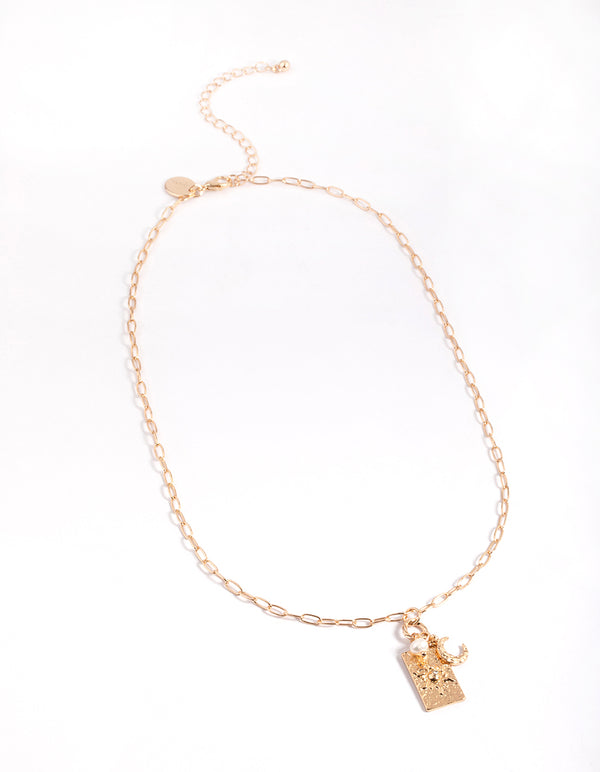 Gold Freshwater Pearl Cresent & Charm Necklace