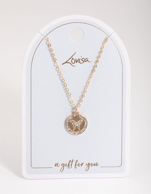 Gold Circle Diamante Butterfly Necklace