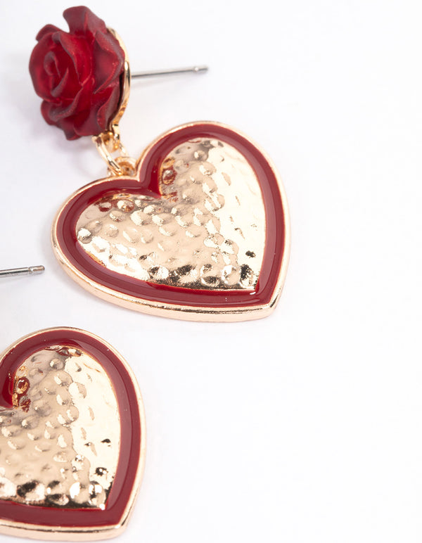 Red Rose Drop Heart Earrings