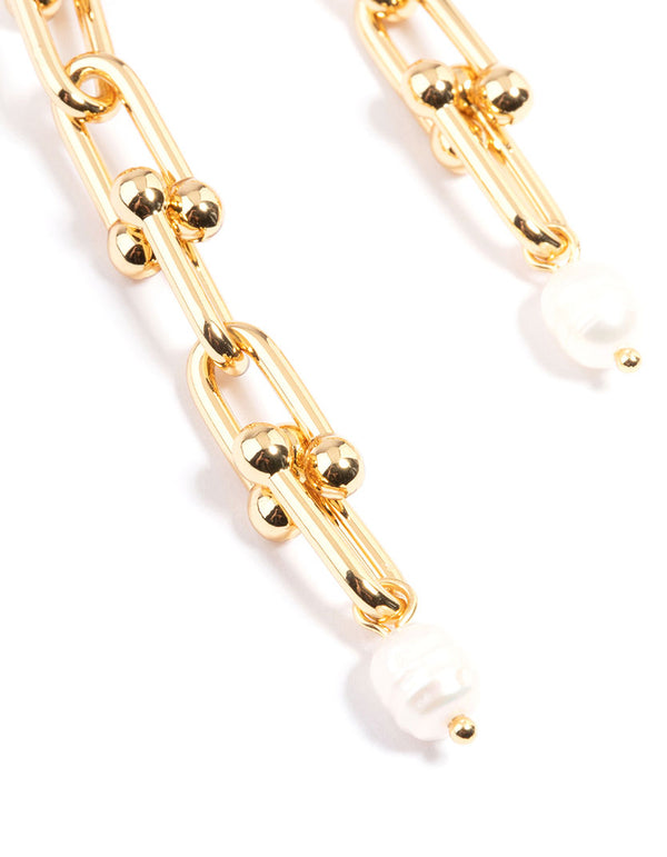 Gold Plated Chain Link Drop Freshwater Pearl Earrings