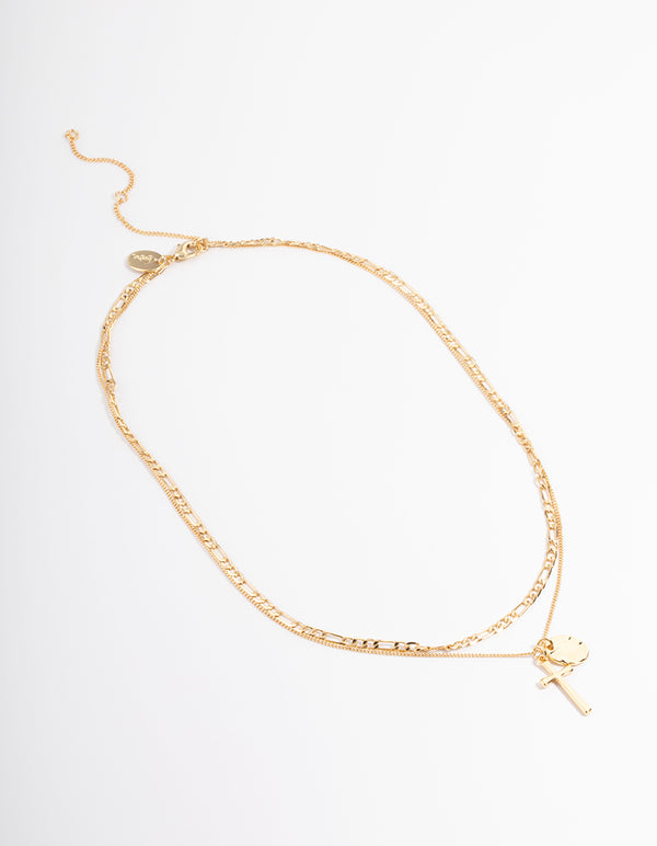 Gold Plated Cross & Figaro Layered Necklace