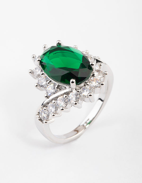 Silver Cubic Zirconia Vintage Green Oval Ring