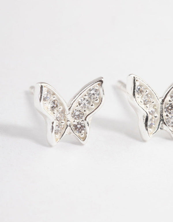 Sterling Silver Cubic Zirconia Pave Butterfly Stud Earrings
